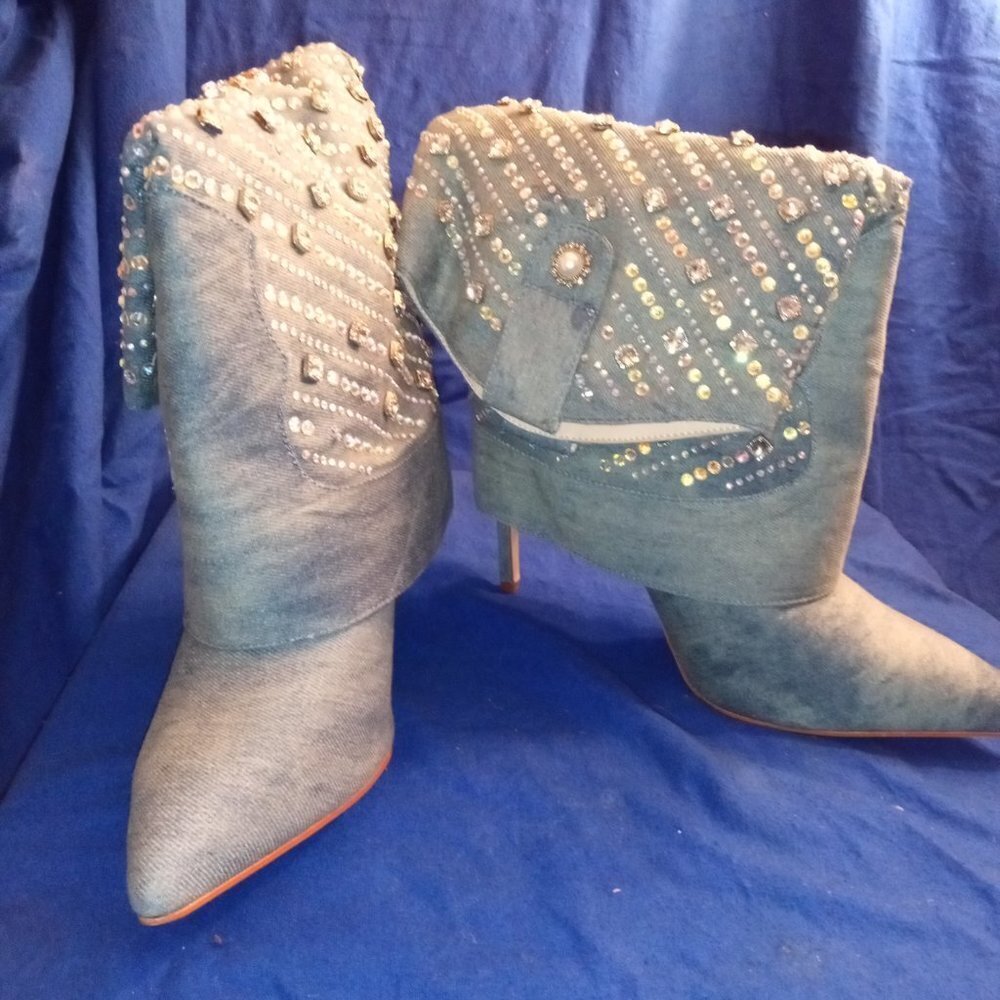 AZALEA WANG PLAYING TO WIN RHINESTONE STUDDED DENIM STILETTO BOOTIE ( BRAND NEW - Picture 12 of 13